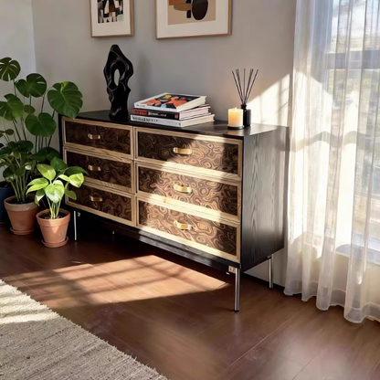 Traditional French Multi-layer Solid Wood Stainless Steel Rectangular Storage Cabinet 6-Drawer For Living Room
