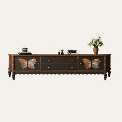 Traditional French Ash Wood Glass Butterfly Rounded Rectangular TV Stand 2-Drawer For Living Room