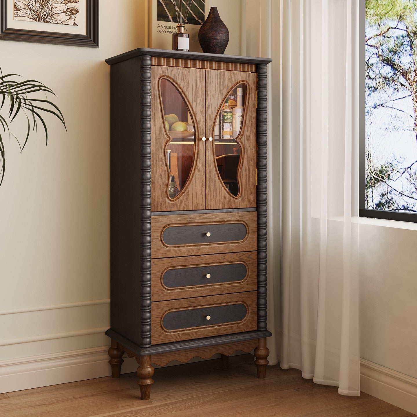 Traditional French Ash Wood Glass Butterfly Round Rectangular Storage Cabinet 2/3-Drawer For Living Room