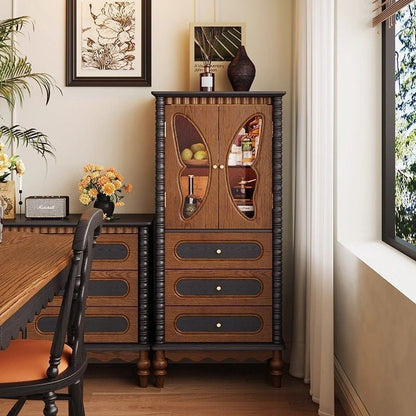 Traditional French Ash Wood Glass Butterfly Round Rectangular Storage Cabinet 2/3-Drawer For Living Room