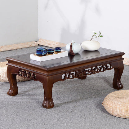 Traditional Chinese Elm Wood Carved Rectangular Coffee Table With 1-Tier For Living Room