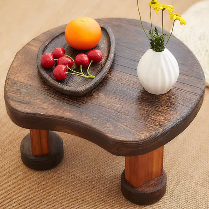 Traditional Japanese Solid Wood Half Moon Rectangular Coffee Table With 1-Tier For Living Room