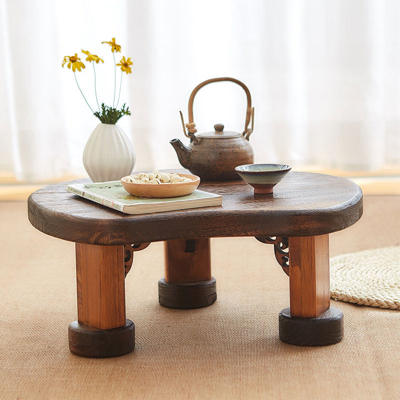 Traditional Japanese Solid Wood Half Moon Rectangular Coffee Table With 1-Tier For Living Room