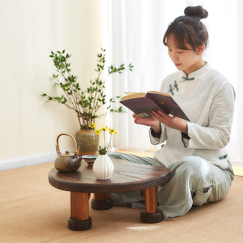 Traditional Japanese Solid Wood Half Moon Rectangular Coffee Table With 1-Tier For Living Room