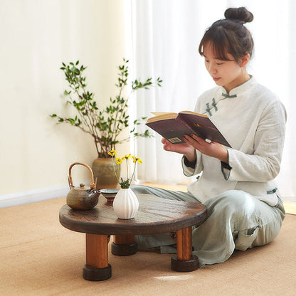 Traditional Japanese Solid Wood Half Moon Rectangular Coffee Table With 1-Tier For Living Room