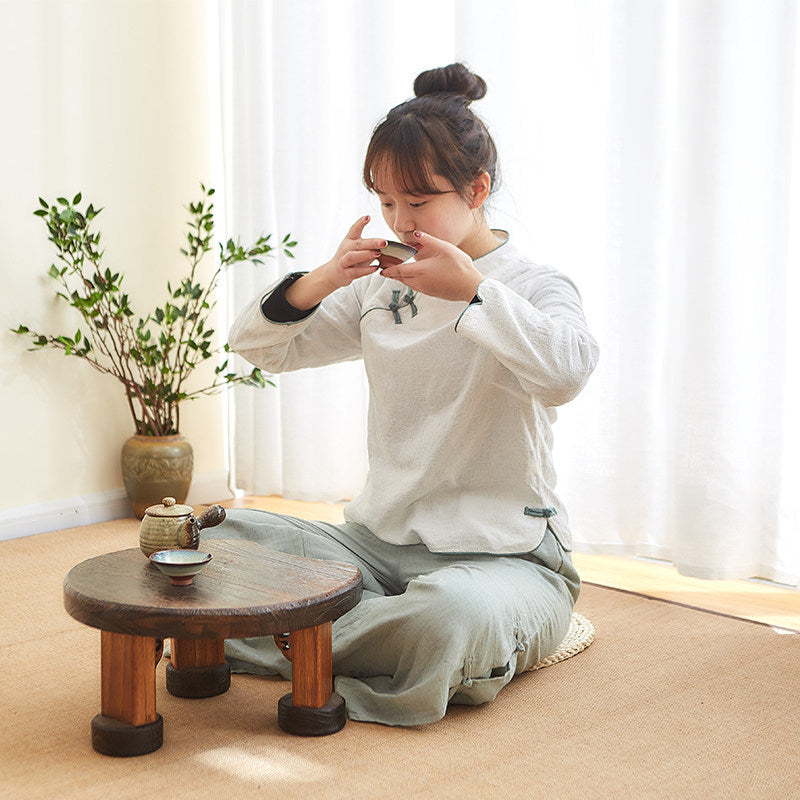 Traditional Japanese Solid Wood Half Moon Rectangular Coffee Table With 1-Tier For Living Room