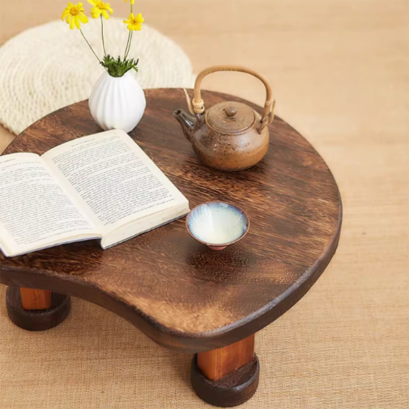 Traditional Japanese Solid Wood Half Moon Rectangular Coffee Table With 1-Tier For Living Room