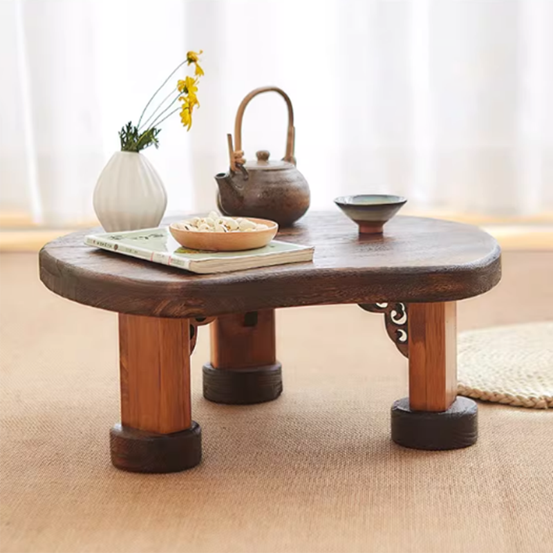 Traditional Japanese Solid Wood Half Moon Rectangular Coffee Table With 1-Tier For Living Room