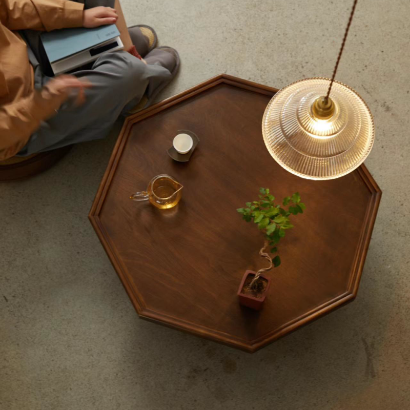 Traditional Vintage Ash Wood Octagonal Coffee Table With 1-Tier For Living Room