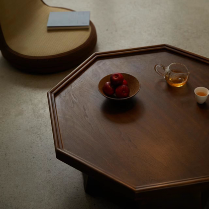 Traditional Vintage Ash Wood Octagonal Coffee Table With 1-Tier For Living Room