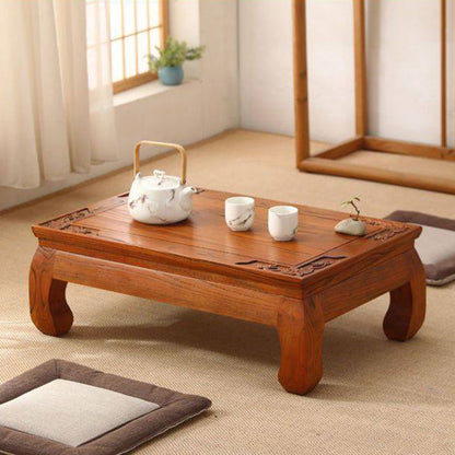 Traditional Japanese Elm Wood Rectangular Curved Coffee Table 1-Tier For Living Room