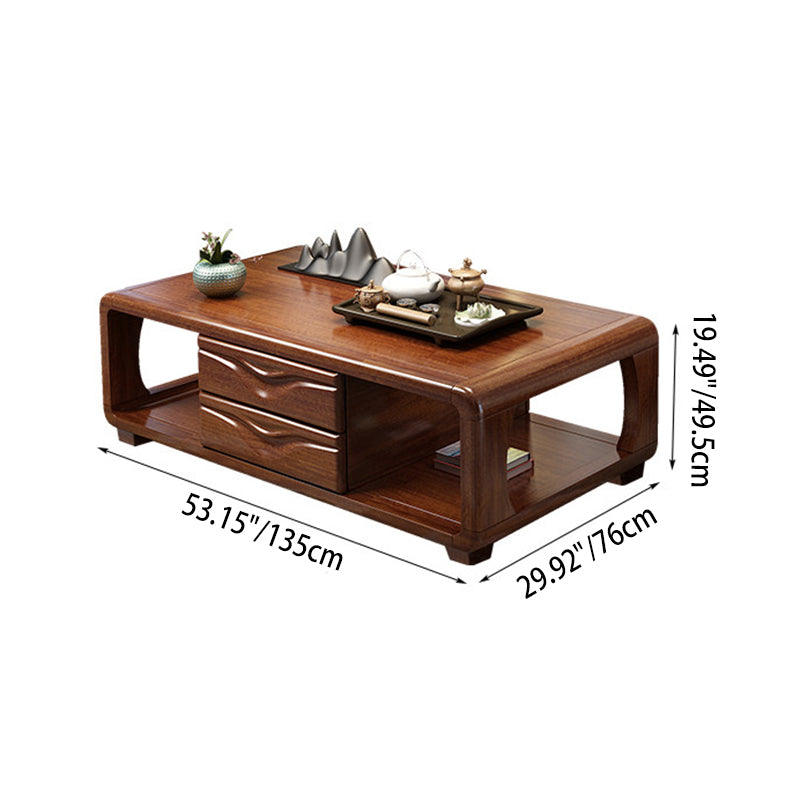 Traditional Vintage Walnut Wood Rounded Rectangular Coffee Table 4-Drawer For Living Room