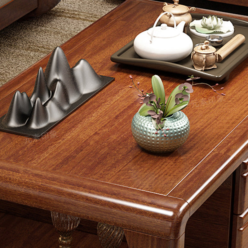 Traditional Vintage Walnut Wood Rounded Rectangular Coffee Table 4-Drawer For Living Room