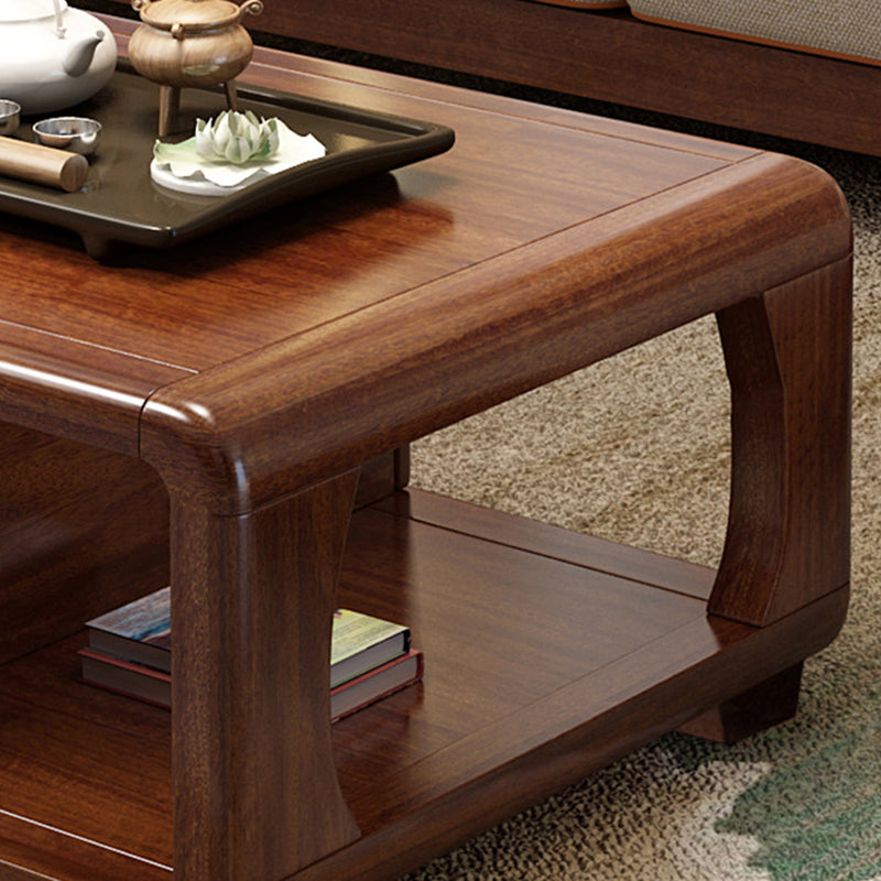 Traditional Vintage Walnut Wood Rounded Rectangular Coffee Table 4-Drawer For Living Room