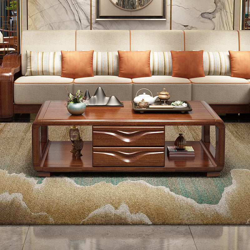 Traditional Vintage Walnut Wood Rounded Rectangular Coffee Table 4-Drawer For Living Room