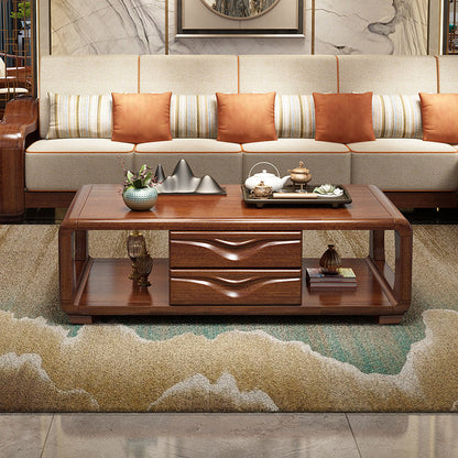 Traditional Vintage Walnut Wood Rounded Rectangular Coffee Table 4-Drawer For Living Room