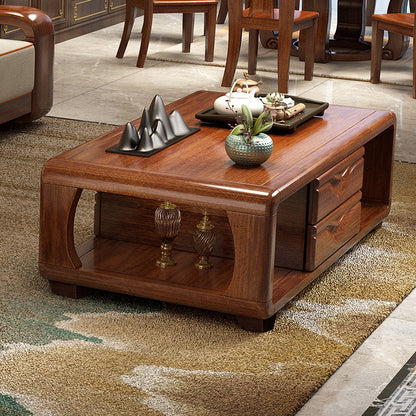 Traditional Vintage Walnut Wood Rounded Rectangular Coffee Table 4-Drawer For Living Room