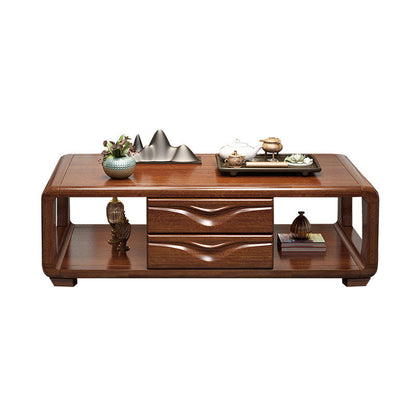 Traditional Vintage Walnut Wood Rounded Rectangular Coffee Table 4-Drawer For Living Room