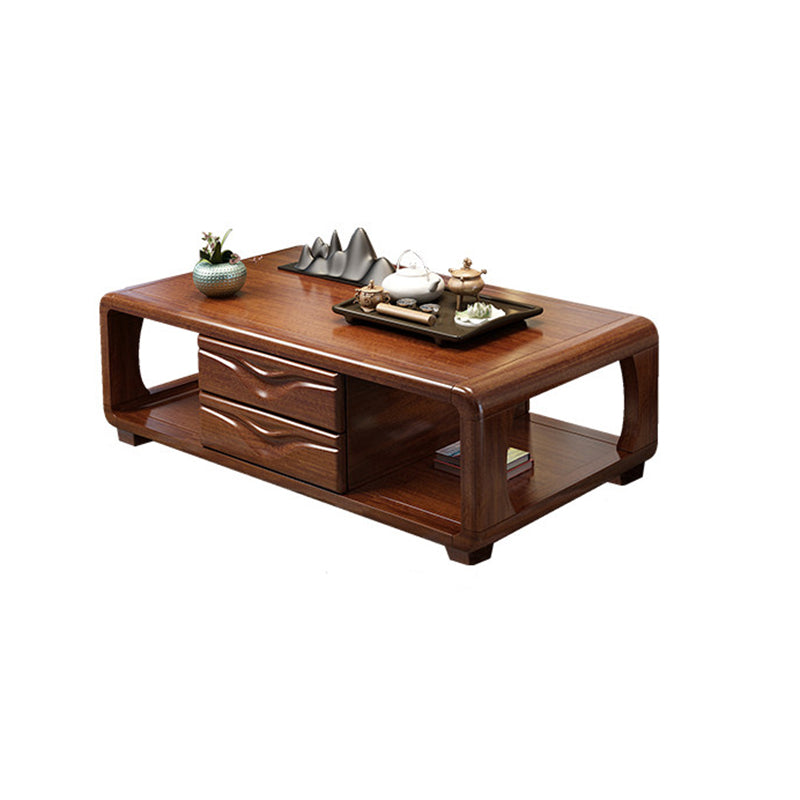 Traditional Vintage Walnut Wood Rounded Rectangular Coffee Table 4-Drawer For Living Room