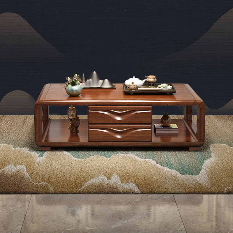 Traditional Vintage Walnut Wood Rounded Rectangular Coffee Table 4-Drawer For Living Room
