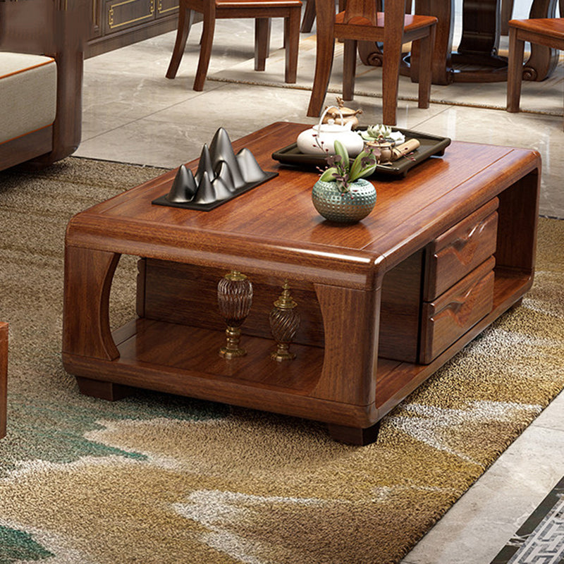 Traditional Vintage Walnut Wood Rounded Rectangular Coffee Table 4-Drawer For Living Room