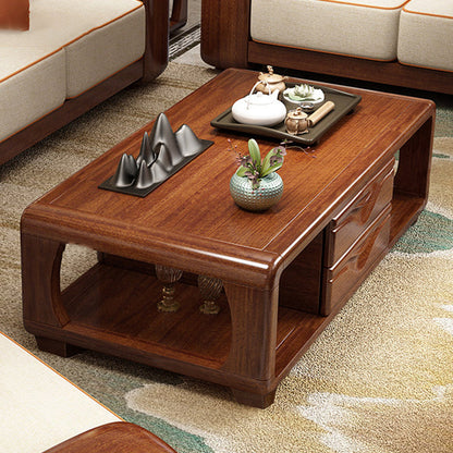 Traditional Vintage Walnut Wood Rounded Rectangular Coffee Table 4-Drawer For Living Room