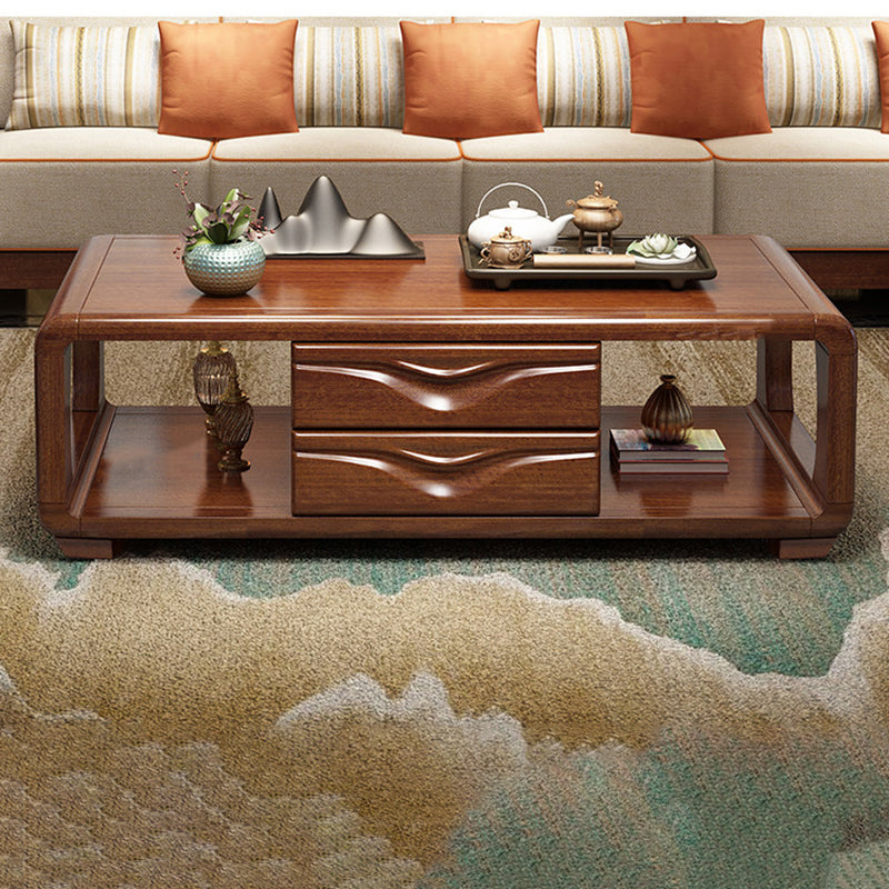 Traditional Vintage Walnut Wood Rounded Rectangular Coffee Table 4-Drawer For Living Room
