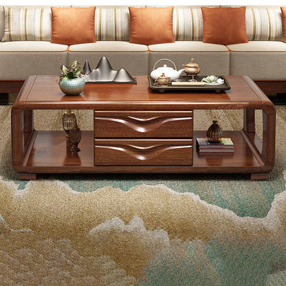 Traditional Vintage Walnut Wood Rounded Rectangular Coffee Table 4-Drawer For Living Room