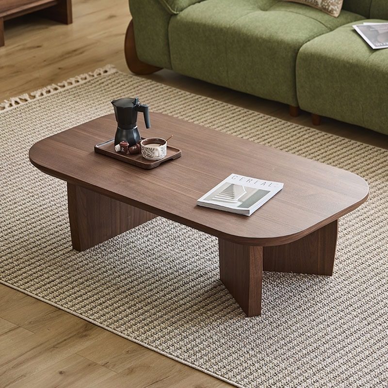 Traditional Chinese Pine Wood Rounded Rectangular Coffee Table 1-Tier For Living Room