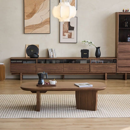 Traditional Chinese Pine Wood Rounded Rectangular Coffee Table 1-Tier For Living Room