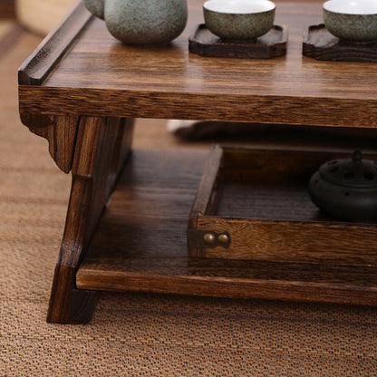 Traditional Japanese Paulownia Wood Foldable Rectangular Coffee Table 2-Tier For Living Room
