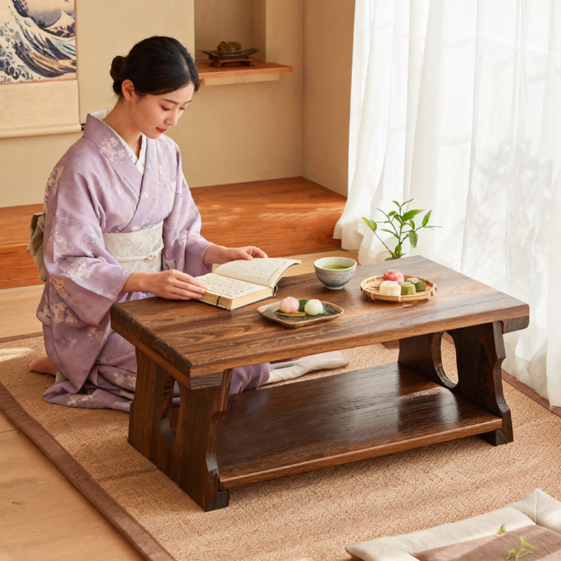 Traditional Japanese Paulownia Wood Foldable Rectangular Coffee Table 2-Tier For Living Room
