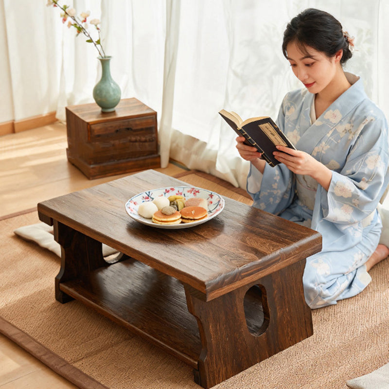 Traditional Japanese Paulownia Wood Foldable Rectangular Coffee Table 2-Tier For Living Room