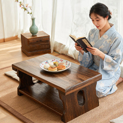 Traditional Japanese Paulownia Wood Foldable Rectangular Coffee Table 2-Tier For Living Room