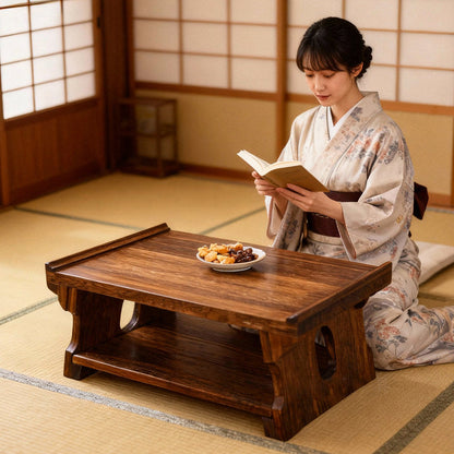 Traditional Japanese Paulownia Wood Foldable Rectangular Coffee Table 2-Tier For Living Room