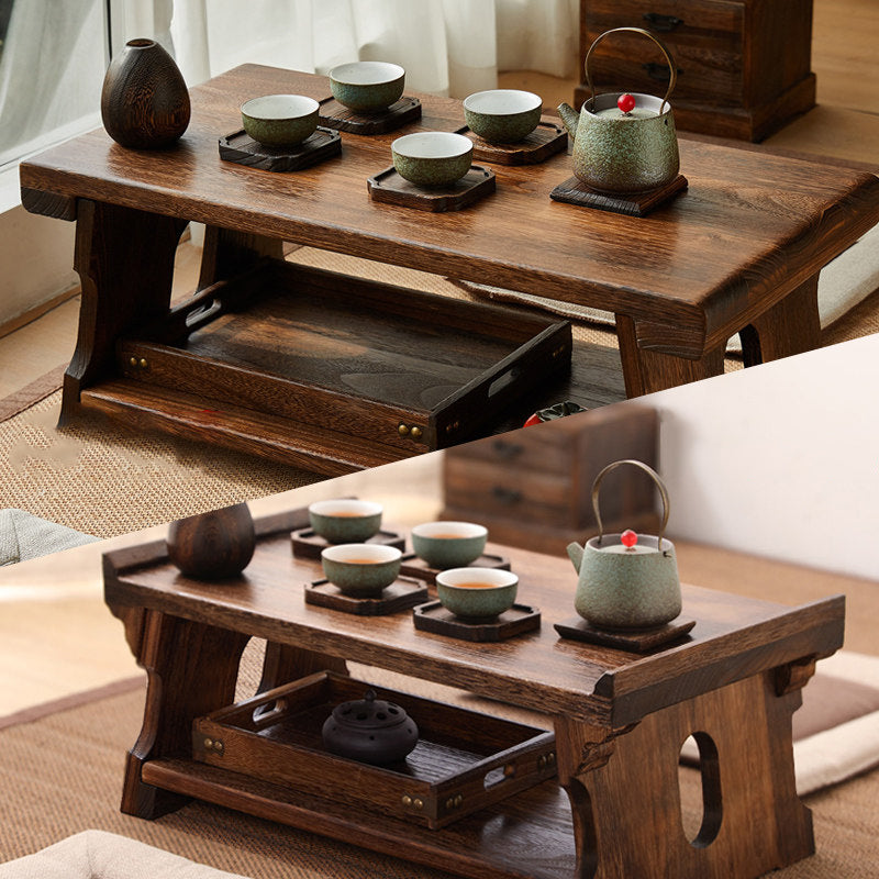 Traditional Japanese Paulownia Wood Foldable Rectangular Coffee Table 2-Tier For Living Room