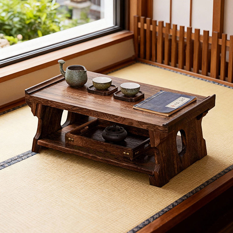 Traditional Japanese Paulownia Wood Foldable Rectangular Coffee Table 2-Tier For Living Room