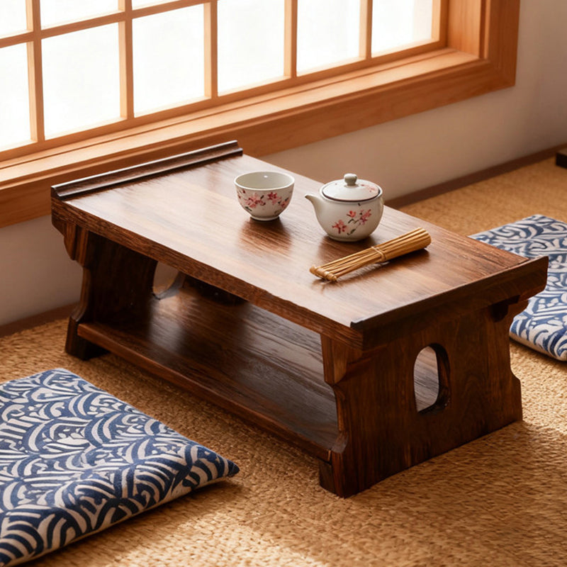 Traditional Japanese Paulownia Wood Foldable Rectangular Coffee Table 2-Tier For Living Room