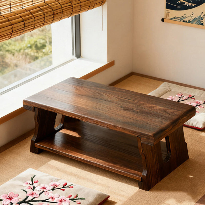 Traditional Japanese Paulownia Wood Foldable Rectangular Coffee Table 2-Tier For Living Room