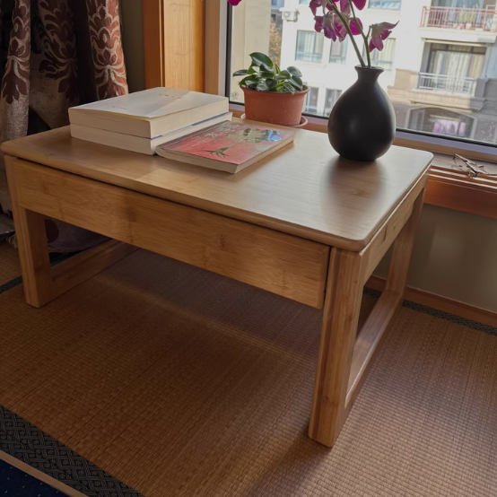 Traditional Japanese Bamboo Rectangular Recessed Coffee Table 1-2 Drawers For Living Room
