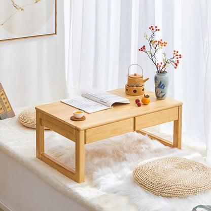 Traditional Japanese Bamboo Rectangular Recessed Coffee Table 1-2 Drawers For Living Room