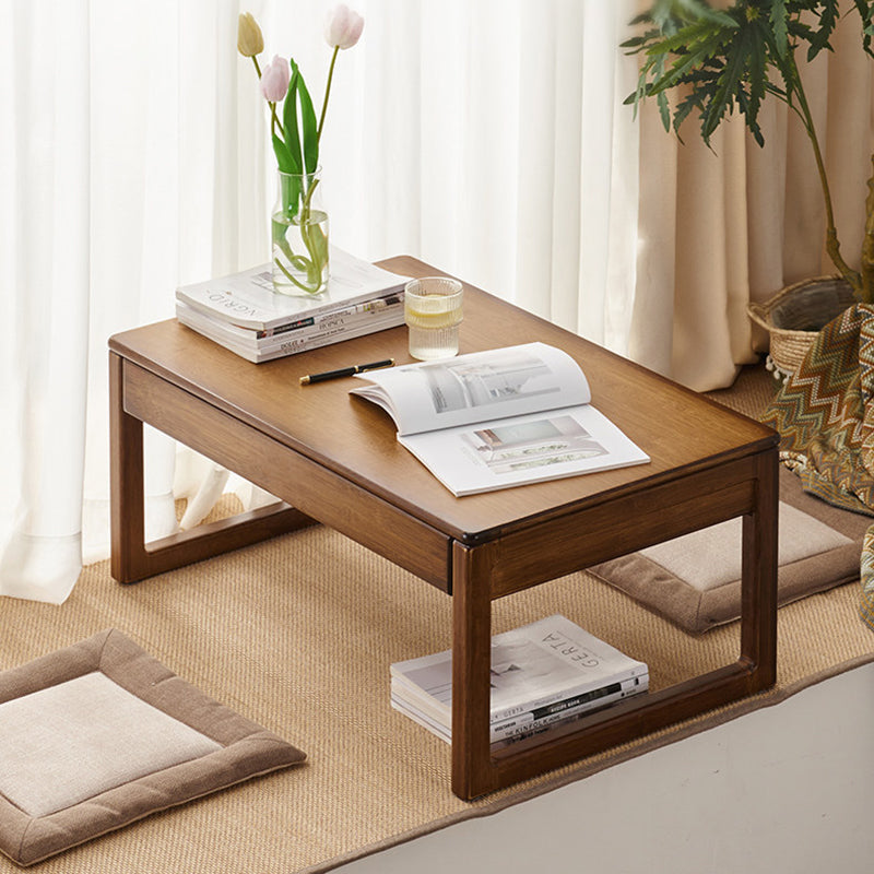 Traditional Japanese Bamboo Rectangular Recessed Coffee Table 1-2 Drawers For Living Room