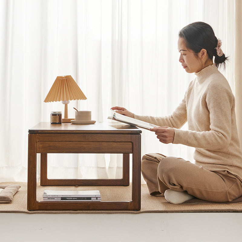 Traditional Japanese Bamboo Rectangular Recessed Coffee Table 1-2 Drawers For Living Room