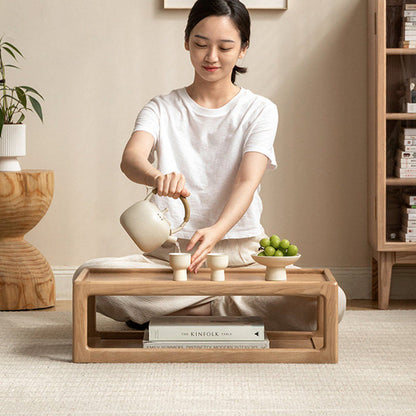 Modern Minimalist Oak Wood Rectangular Coffee Table 2-Tier For Living Room