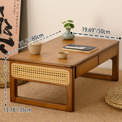 Traditional Japanese Rattan Bamboo Foldable Rectangular Openwork Coffee Table 1-Tier For Living Room
