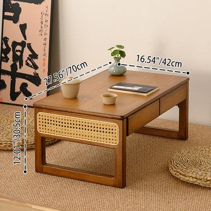 Traditional Japanese Rattan Bamboo Foldable Rectangular Openwork Coffee Table 1-Tier For Living Room