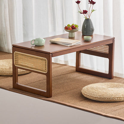 Traditional Japanese Rattan Bamboo Foldable Rectangular Openwork Coffee Table 1-Tier For Living Room