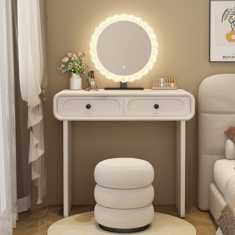 Modern Minimalist Plywood Pine Glass Rounded Rectangular Makeup Vanity 2-Drawer For Bedroom