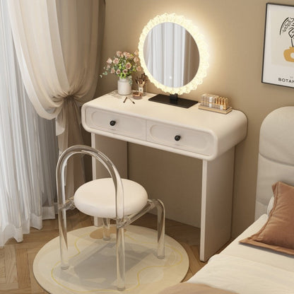 Modern Minimalist Plywood Pine Glass Rounded Rectangular Makeup Vanity 2-Drawer For Bedroom