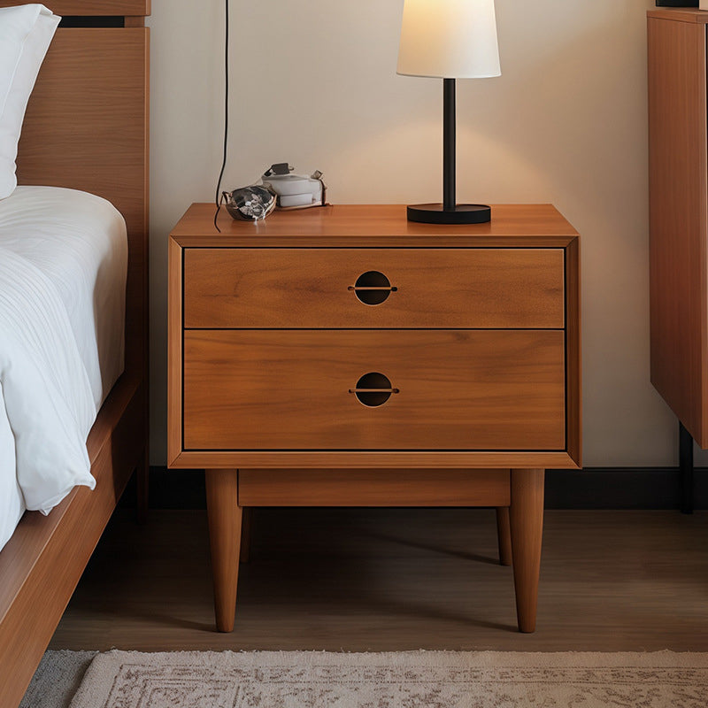 Traditional Chinese Solid Wood Cylindrical Square Nightstand 2-Drawer For Bedroom